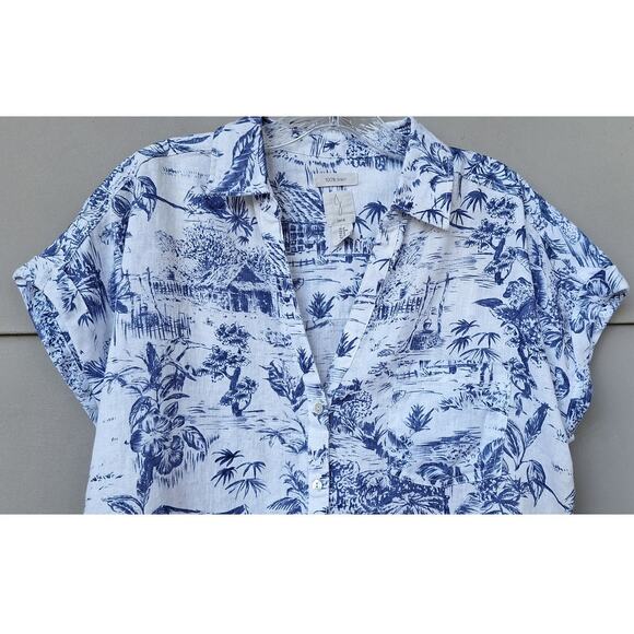 J Joie 100% Linen Short Sleeves Boxy Tropical Hawaiian Shirt Blue White Size M - Picture 4 of 8